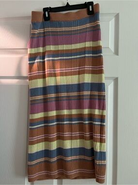 Roxy Striped Ribbed Midi Skirt in Rust, Blue & Pink 100% cotton